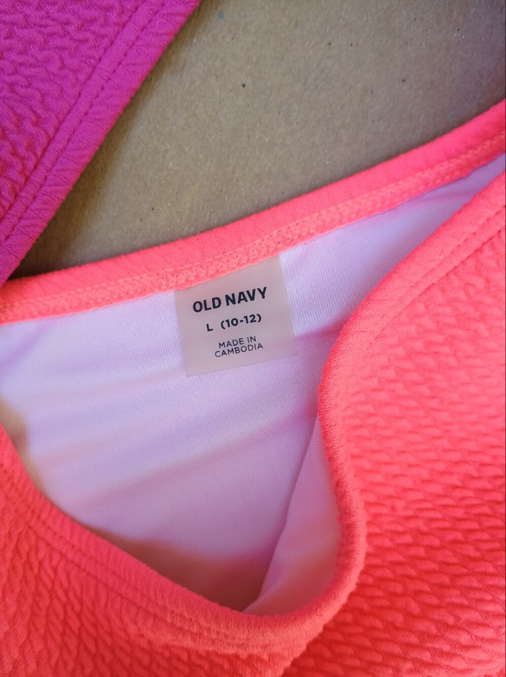 Old Navy Girls 10/12 Bright Pink and Neon Coral Textured Cutout Swimsuit - Picture 3 of 3